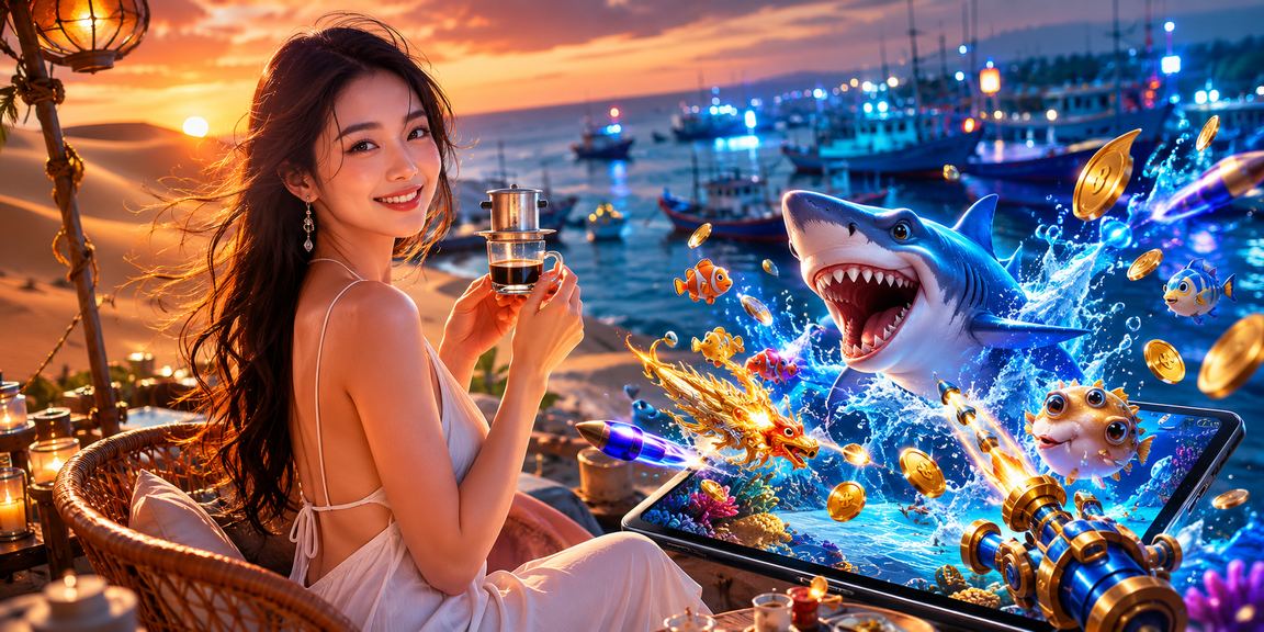 Người chơi thư giãn tại Mũi Né với điện thoại và ly cà phê sau khi đặt kèo